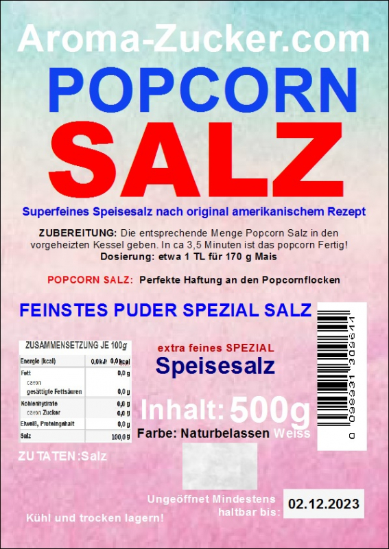 Puder Salz für Popcorn Natur Belassen Weiss 0,5 Kg