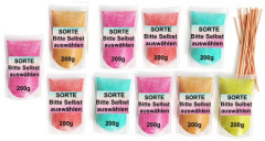 Eigenes Auswahl Kit 02 (10 x 200g) = 2 Kg Aroma Zucker für Zuckerwattemaschine  + 150 Holzstäbe (30 cm)